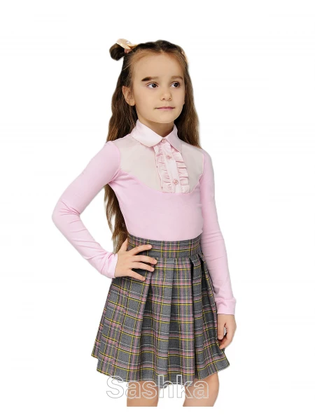 Спідниця для дівчинки Sashka шкільна сіро-рожева клітинка (напіввовна), розмір 116-152